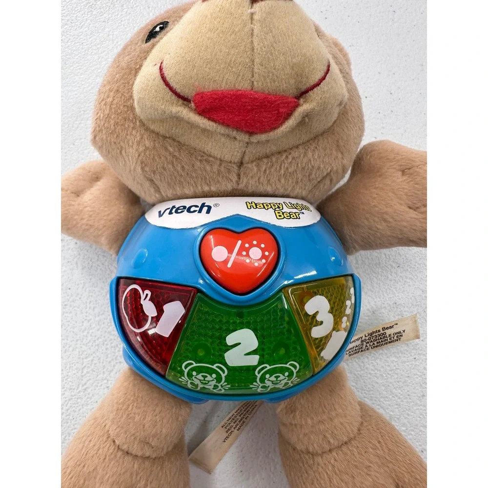 VTech Happy Lights Bear Plush Musical Stuffed Animal Toy Brown Blue 7 in Nursery